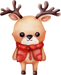 Cute watercolor illustration of reindeer character for Christmas