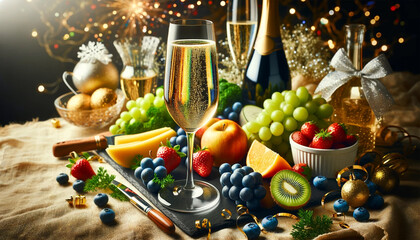 New Year's celebration toast with champagne. The scene should include vibrant and fresh ingredients. - obrazy, fototapety, plakaty