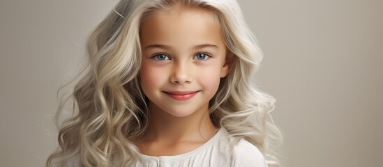In her portrait, a cute little girl with adorable blue eyes and a beaming smile showcases her loveable charm, as her white hair frames her face, radiating happiness and childlike beauty.