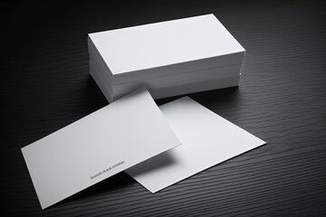 White blank business cards mockup black wood table background paper empty mock template corporate design office card presentation identity up stack name space copy pile text clean company banner - obrazy, fototapety, plakaty