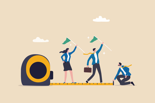 Measure employee performance, evaluation or assessment, staff improvement or success level, appraisal, goal and achievement concept, businessman manager measure employee success with measuring tape.