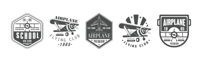 Airplane Flying Club Label and Emblem Vector Set - obrazy, fototapety, plakaty