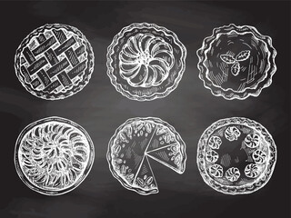 Hand-drawn vintage set of traditional cakes and pies sketch on chalkboard background. Sweet bakery. Top view. Vector collection of ink baking illustration. Food for Thanksgiving, Christmas.