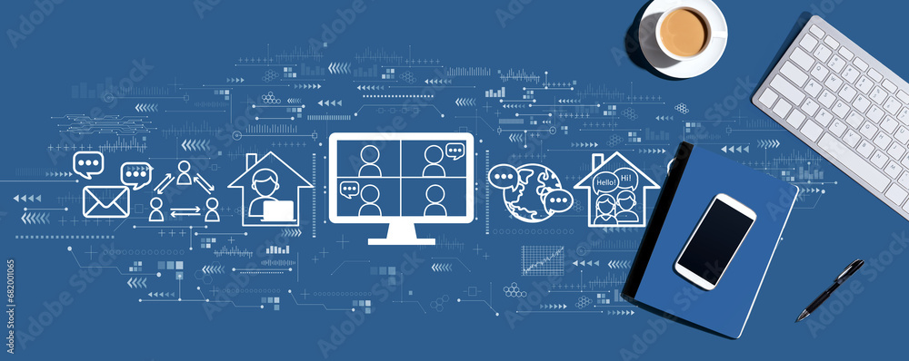 Poster online meeting theme with a computer keyboard and office items