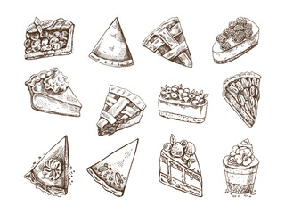 Hand-drawn vintage set of pieces of traditional cakes, tarts and pies sketch. Sweet bakery, fruit, berries. Top view. Vector collection of ink baking illustration. Food for Thanksgiving, Christmas. © Mariia Mazaeva