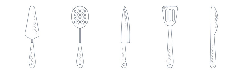 Various Kitchen Tools and Equipment for Cooking Linear Vector Set