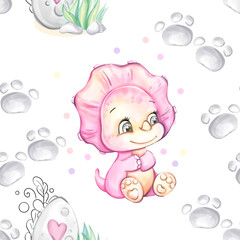 Seamless watercolor pattern cartoon cute baby dinosaur. Clipart for decor, stickers, prints with historical animals