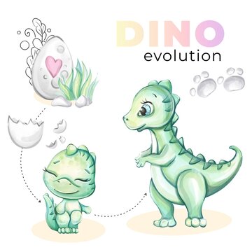 Watercolor cute baby dinosaur Dino family Diplodocus Mom and egg. Cartoon art for nursery, babyshower, decor, stickers, textile prints with historical animals
