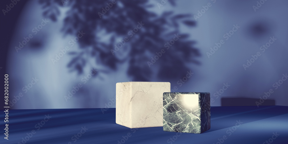 Poster wooden cube blocks in a room with shadow of trees - 3d render