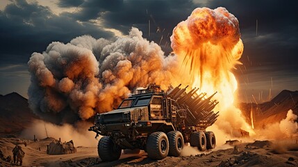 Explosion of a rocket bomb next to military equipment multiple launch rocket launcher on the battlefield in the war - obrazy, fototapety, plakaty