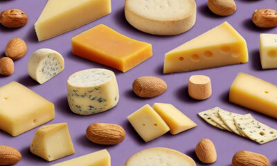 Indulge in a symphony of flavors with this enticing variety of cheeses.  A variety of artisanal cheeses sliced ​​on the platter.