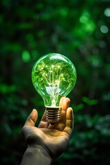 A hand holds a green light bulb against the backdrop of a vibrant, green forest. The light bulb is lit, casting a soft, green glow on the person's hand and the surrounding trees