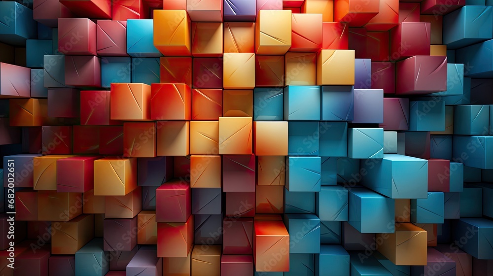 Poster abstract background from different multi-colored volumetric squares and cubes
