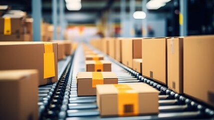 Close-up of multiple cardboard box packages seamlessly moving along a conveyor belt in a warehouse.