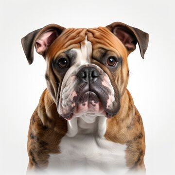 Close-up of a bulldog against a white background.