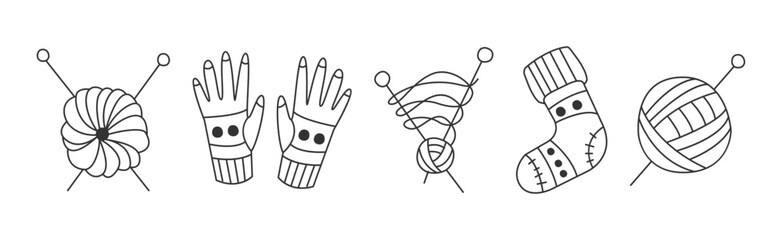 Hand Drawn Knitting Item with Yarn, Mitten and Sock Vector Set