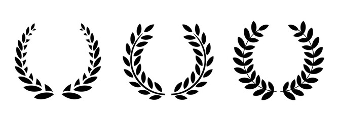 Set black silhouette of round laurel foliage, wheat wreaths depicting award, achievement, heraldry, nobility on a white background. Flat style floral greek branch emblem - stock vector. - obrazy, fototapety, plakaty