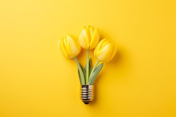 a light bulb filled with yellow tulips on a yellow background is a powerful and evocative one. The light bulb represents new ideas and innovation, while the tulips represent hope
