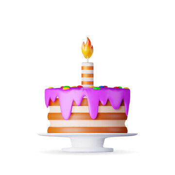 3D Cake with One Burning Candle Isolated on White. Render Chocolate Layer Cake Decorated with Purple Glaze Icing. Sweet Party Pie, Holiday Anniversary, Celebration Dessert Gift. Vector Illustration