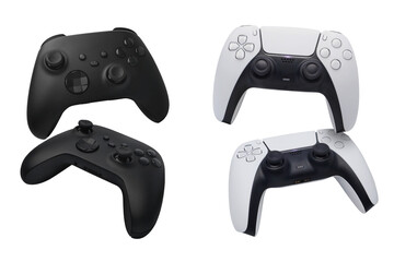 Black and white game controllers dual stick on transparent background png - obrazy, fototapety, plakaty