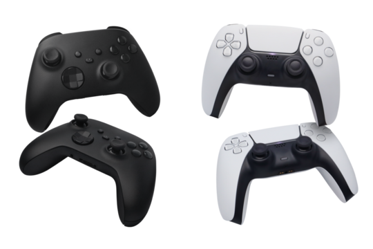 Black and white game controllers dual stick on transparent background png