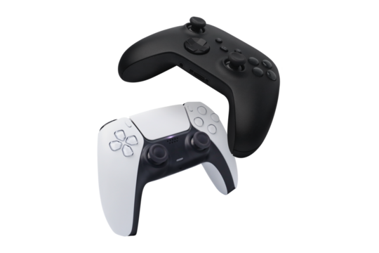 Black and white game controllers on transparent background png