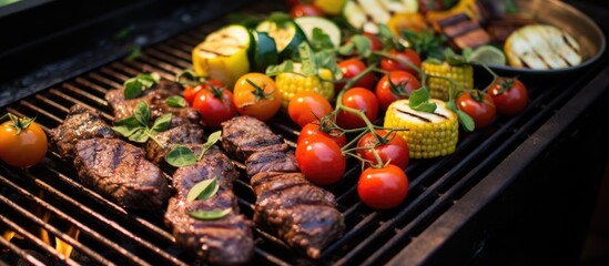 At the summer barbecue, the savory aroma of grilled steak filled the air as the cooking team carefully arranged a tantalizing menu of meat, salad, and vegetables on the table. The sizzling meat, juicy