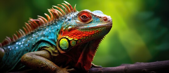 Obraz premium In the lush, green tropical jungle, a colorful dragon iguana stood motionless, its close-up portrait showcasing its vibrant skin and captivating eyes, a wild creature thriving in nature's realm.