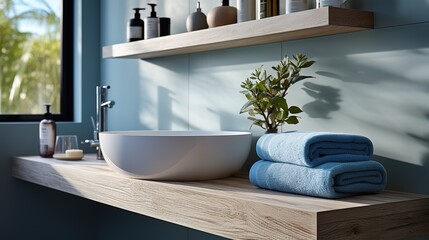 Stylish designer fashionable white basin in the blue bathroom