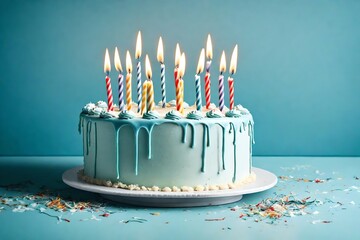 Thirteen-candle birthday cake with a light blue background