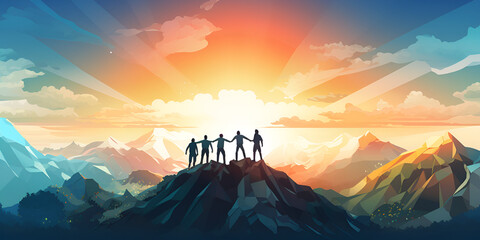 The power of friendship in a  hiking mountain peak at sunset adventure Team silhouette on mountain symbolizes leadership A Sunset Hike to the Pinnacle of Friendship's Power  AI Generative 
 
   - obrazy, fototapety, plakaty