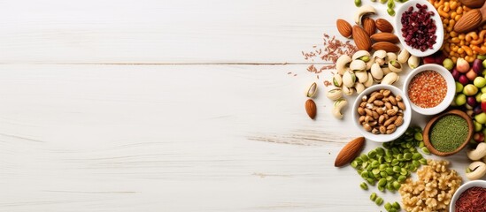 In the top view of a food-filled plate, a healthy array of ingredients, including walnuts, almonds, peanuts, raisins, cashews, hazelnuts, and pistachios, are scattered amidst a variety of seeds and - obrazy, fototapety, plakaty