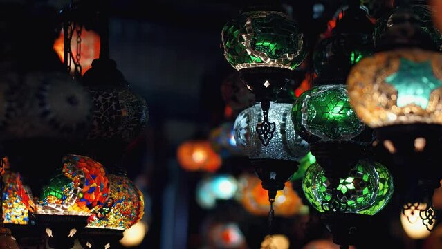 Traditional Turkish colorful mosaic lamp in a souvenir shop.