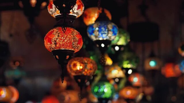 Traditional Turkish colorful mosaic lamp in a souvenir shop.