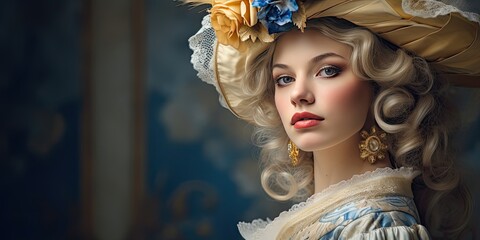 French woman in 18th century costume tones of blue and yellow, generative AI - obrazy, fototapety, plakaty
