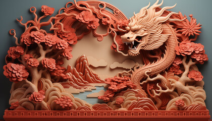 Chinese dragon wood carving decoration element for Years of the Wood Dragon 2024, Generative AI