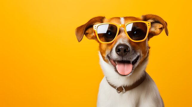 Closeup portrait of smiling dog in fashion sunglasses. Funny pet on a bright yellow background with copy space. Puppy in eyeglasses. Fashion, style, cool animal summer concept.
