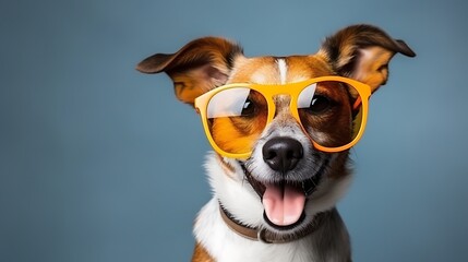 Closeup portrait of smiling dog in fashion sunglasses. Funny pet on a bright blue background with copy space. Puppy in eyeglasses. Fashion, style, cool animal summer concept. - obrazy, fototapety, plakaty