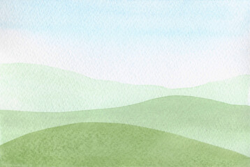 Watercolor illustration with a landscape of green fields and hills, hand-drawn. A background with a watercolor texture and a place for text. Element for design and decoration, banner.