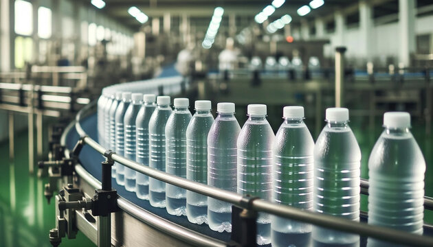 Close-up of a row of clear plastic water bottles with white caps, lined up on a conveyor belt at a bottling plant - Generative AI