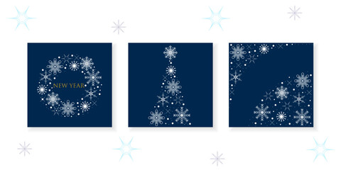 Christmas and New Year greeting card set. Elegant Christmas tree, wreath, pattern of snowflakes on dark blue background.Vector design for covers, posters. Line art.