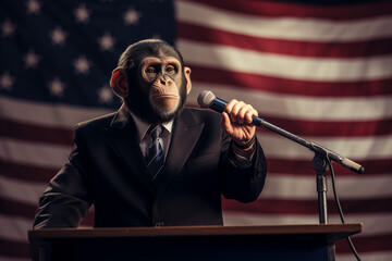 chimp monkey president politician making speech holding microphone in front of american flag - obrazy, fototapety, plakaty