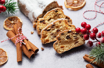 Christmas stollen with winter holidays decoration.