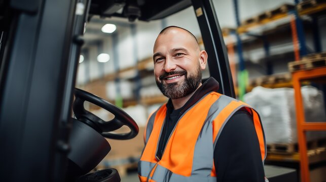 A Portrait of a professional industrial worker driving a forklift, a team of quality control staff storing goods, shelving, Warehouse Workshop for factory workers, quality control engineers.