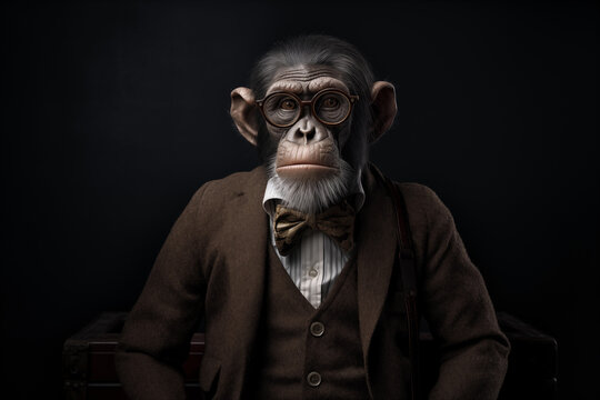 older monkey wearing brown professor suit and bowtie isolated on plain black studio background 