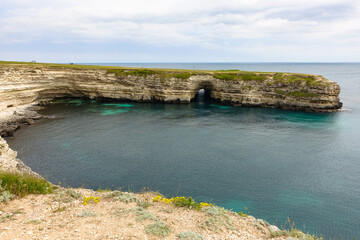 Cape Tarkhankut on the Crimean peninsula. The rocky coast of the Dzhangul Reserve in the Crimea....