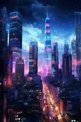 A Large City at Night with Tall Buildings and Illuminated Streets. Generative Ai