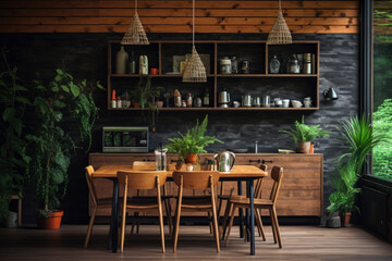 Stylish and botany interior of dining room with design craft wooden table, chairs, a lof of plants, big window and elegant accessories in modern home decor