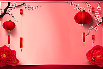 Chinese new year background banner with Chinese paper lanterns,peach blossom, peony,red tone. Chinese banner desing concept.