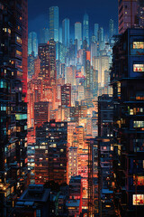 A Large City at Night with Tall Buildings and Illuminated Streets. Generative Ai